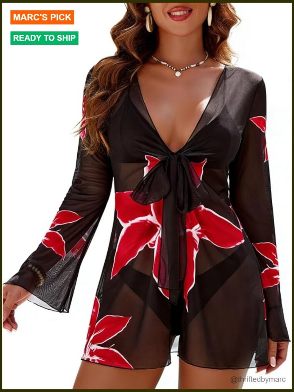 Women Mesh Floral Swim Cover Up Kimono Beach Dress L
